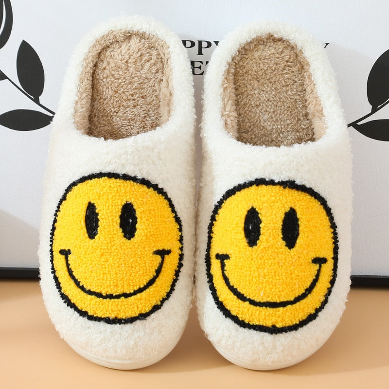 Livia – Women's Slippers with Embroidered Smile and Soft Fur