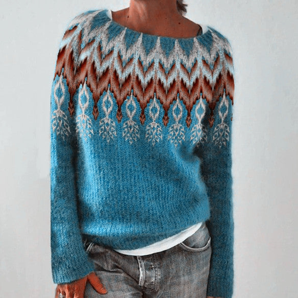 Elena – Damski Sweter z Okrągłym Dekoltem Norweski Wzór Casual