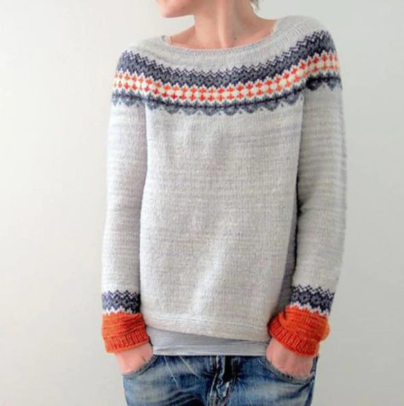 Elena – Damski Sweter z Okrągłym Dekoltem Norweski Wzór Casual