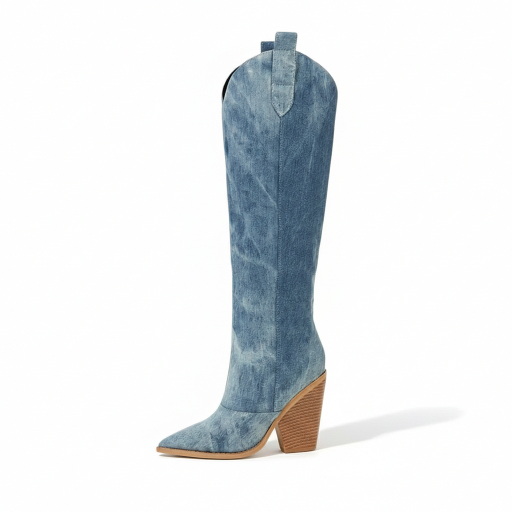 Florina – Damskie Kowbojki z Denimu Styl Western na Obcasie Casual