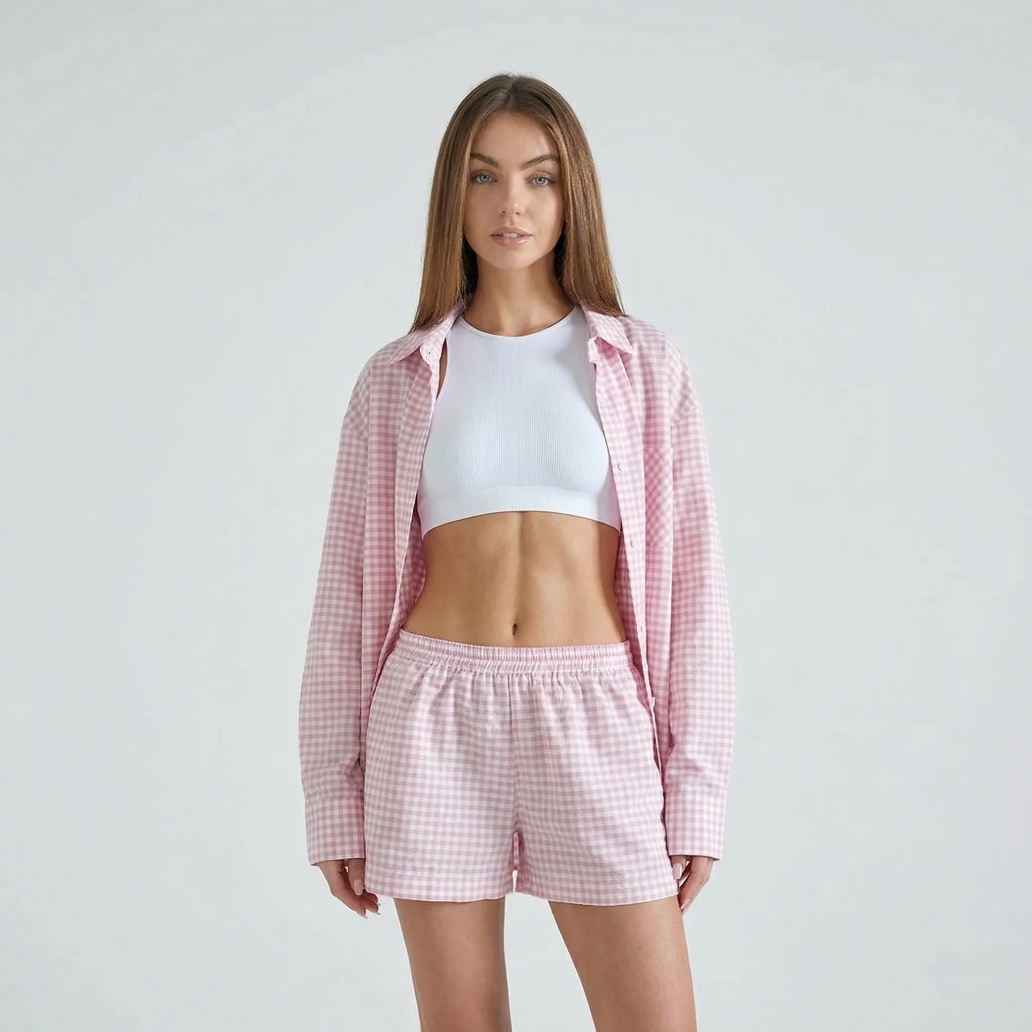 Letni Komplet Damski W Kratkę - Casualowe Wyjścia Latem 