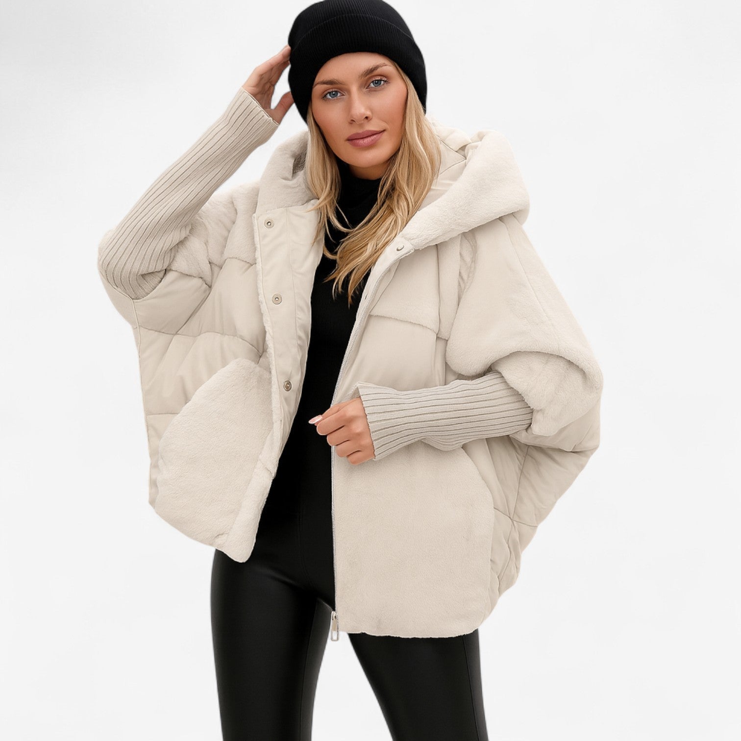 Klara – Dámská oversize prošívaná bunda s kapucí a žebrovanými manžetami, casual