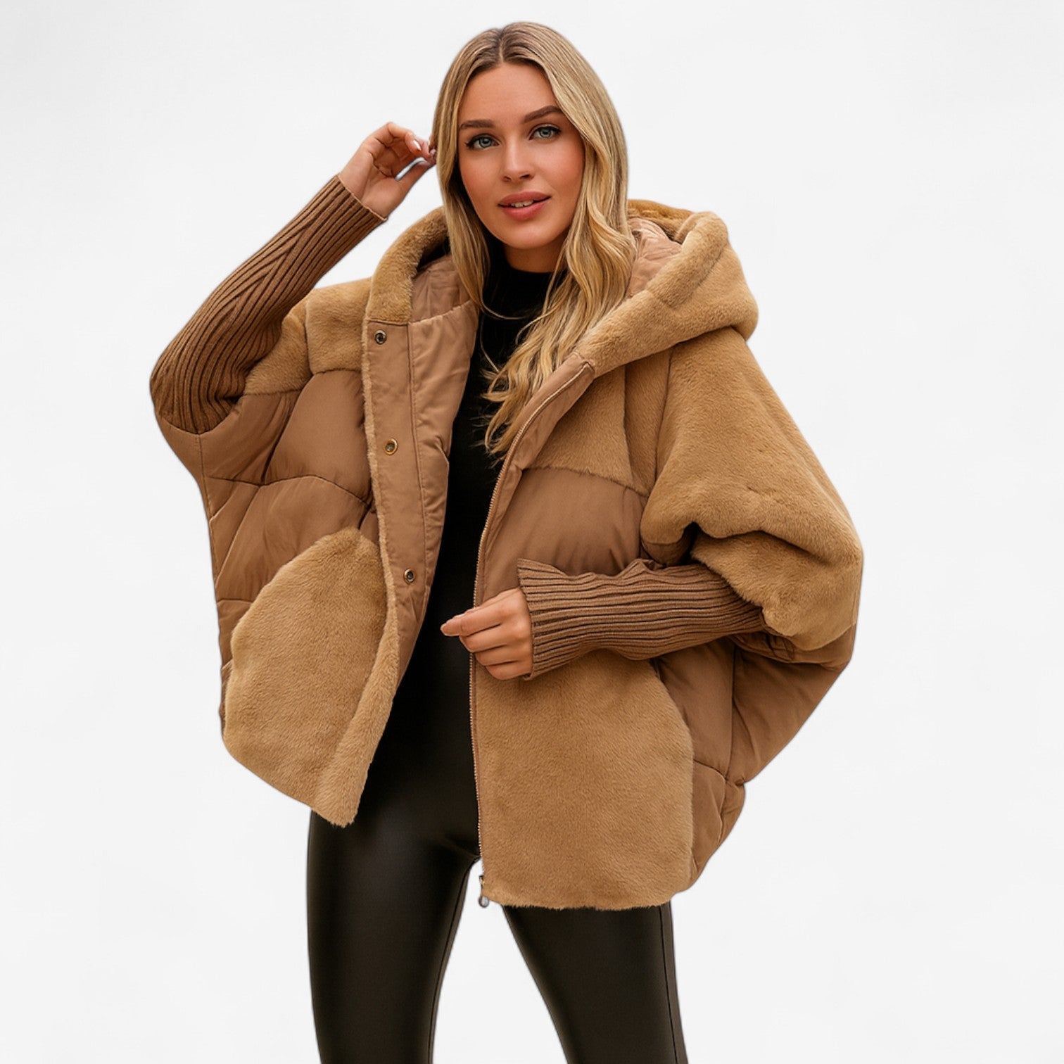 Klara – Dámská oversize prošívaná bunda s kapucí a žebrovanými manžetami, casual