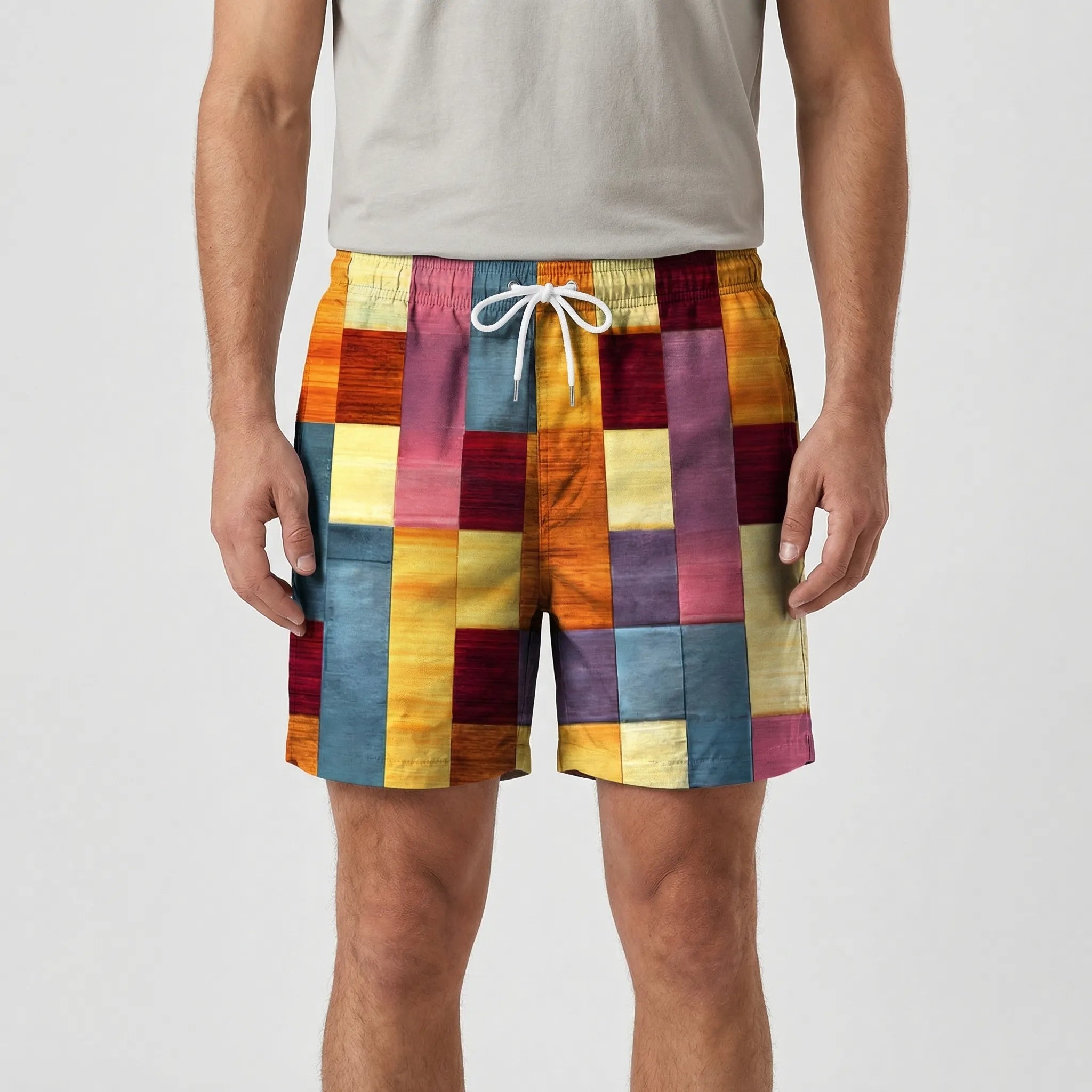 Męskie Spodenki Z Kolorowym Wzorem W Kratę - Wypoczynek Na Plaży 