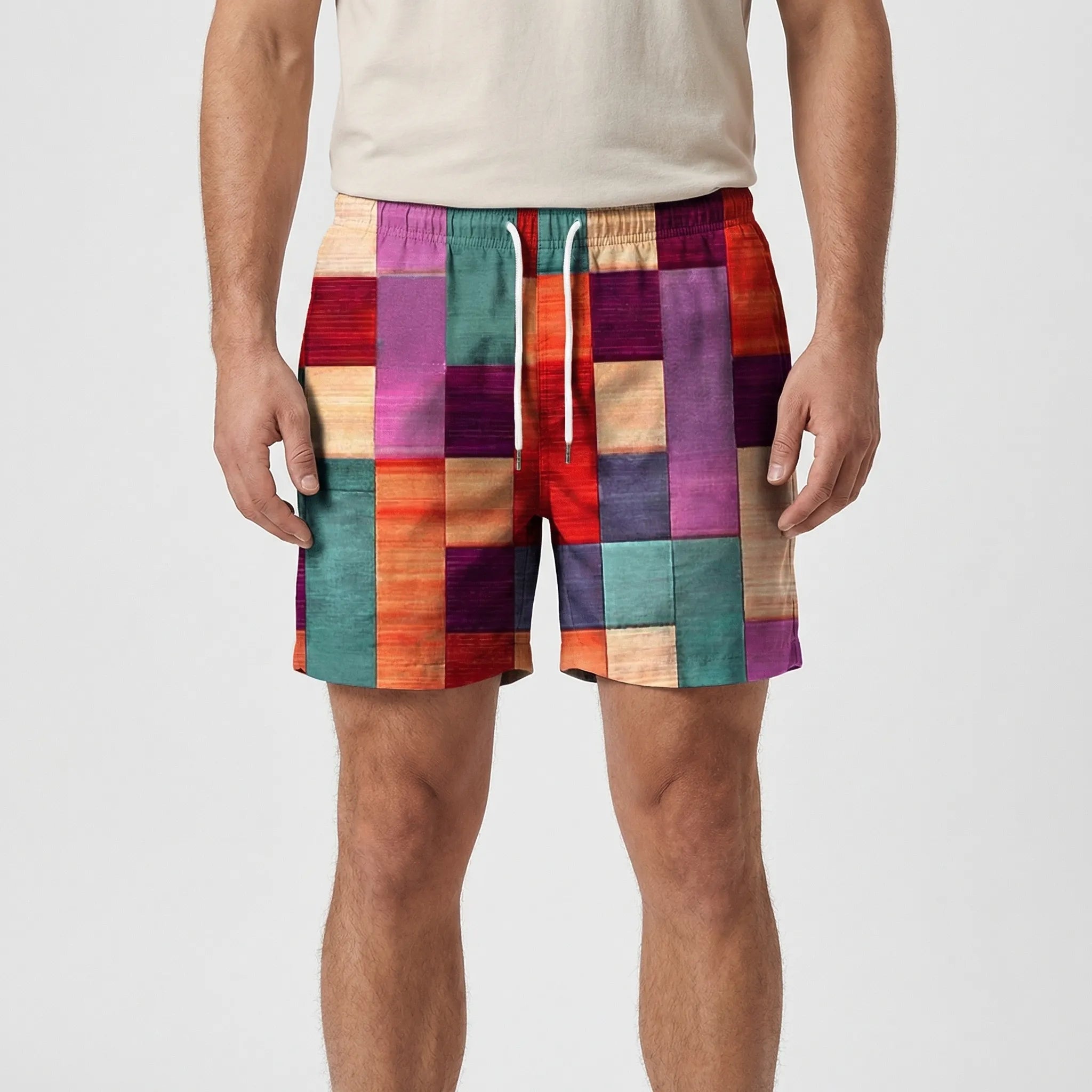 Męskie Spodenki Z Kolorowym Wzorem W Kratę - Wypoczynek Na Plaży 