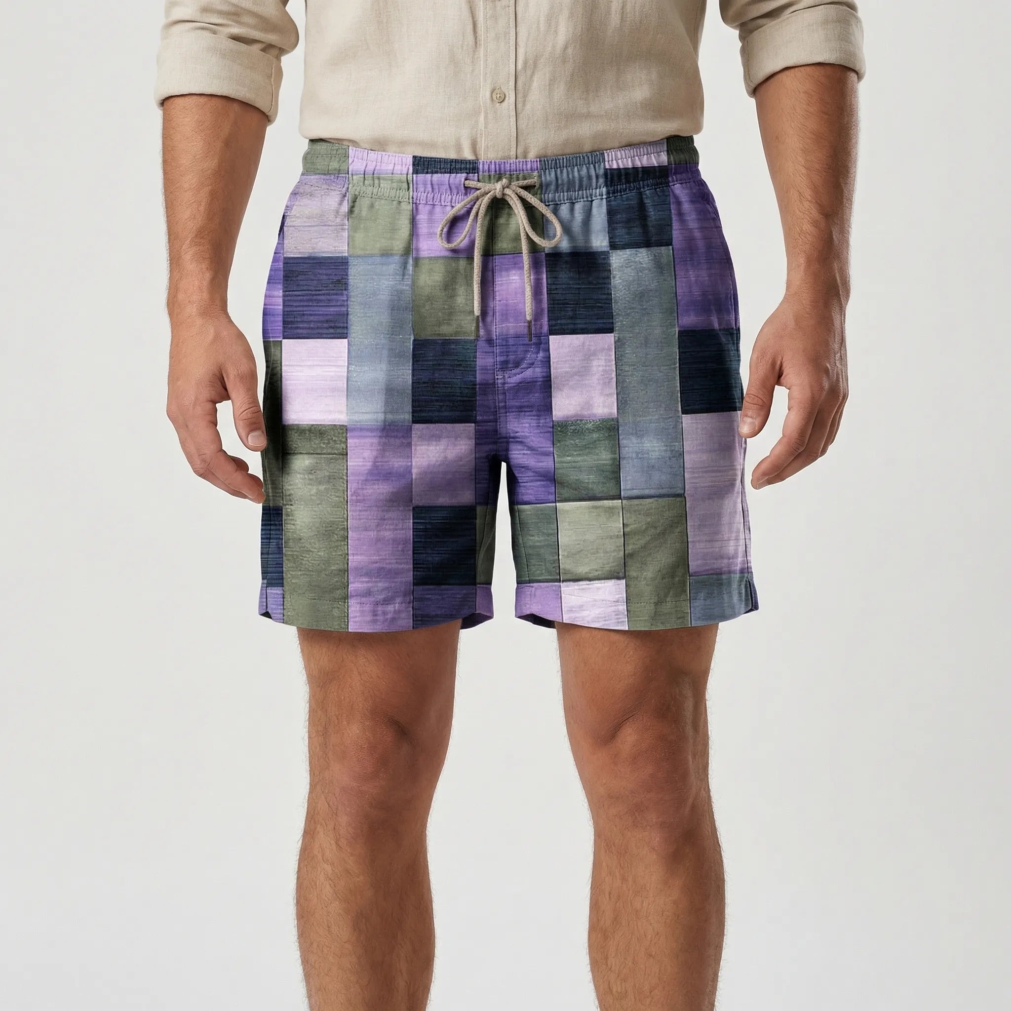 Męskie Spodenki Z Kolorowym Wzorem W Kratę - Wypoczynek Na Plaży 