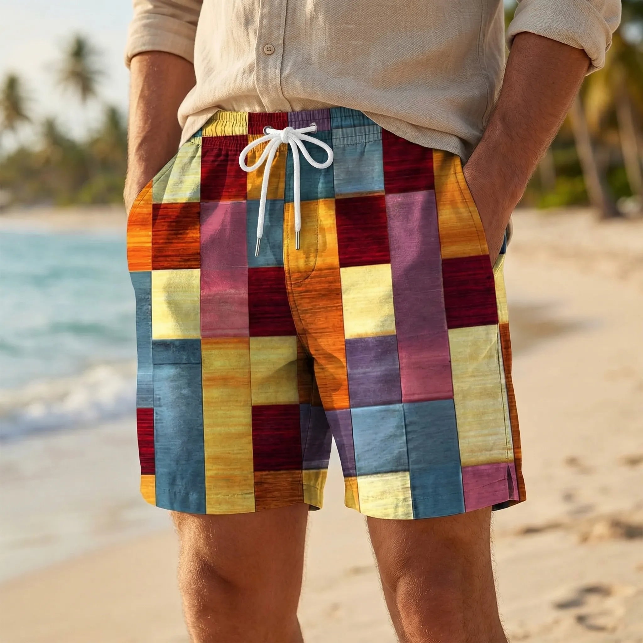 Męskie Spodenki Z Kolorowym Wzorem W Kratę - Wypoczynek Na Plaży 