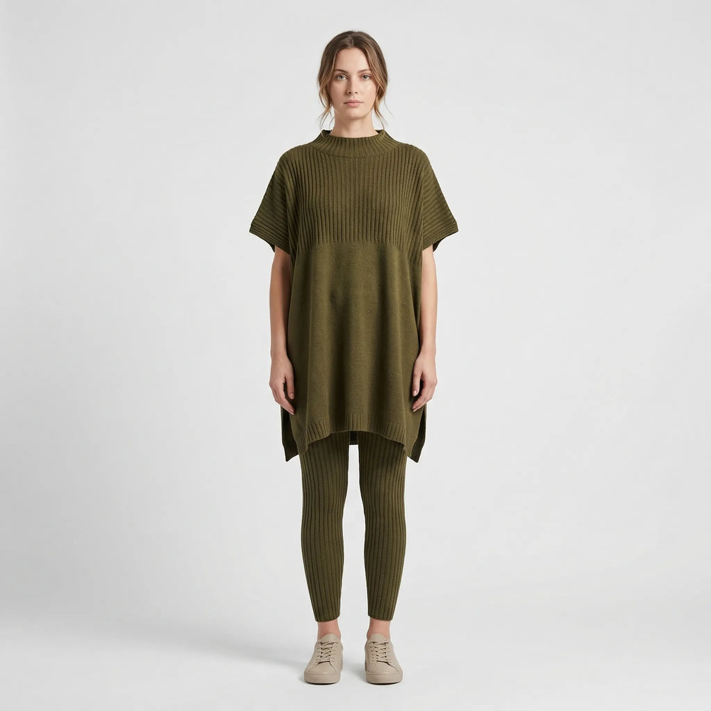 Prążkowany Komplet Bluzka I Legginsy - Codzienny Casualowy Look 