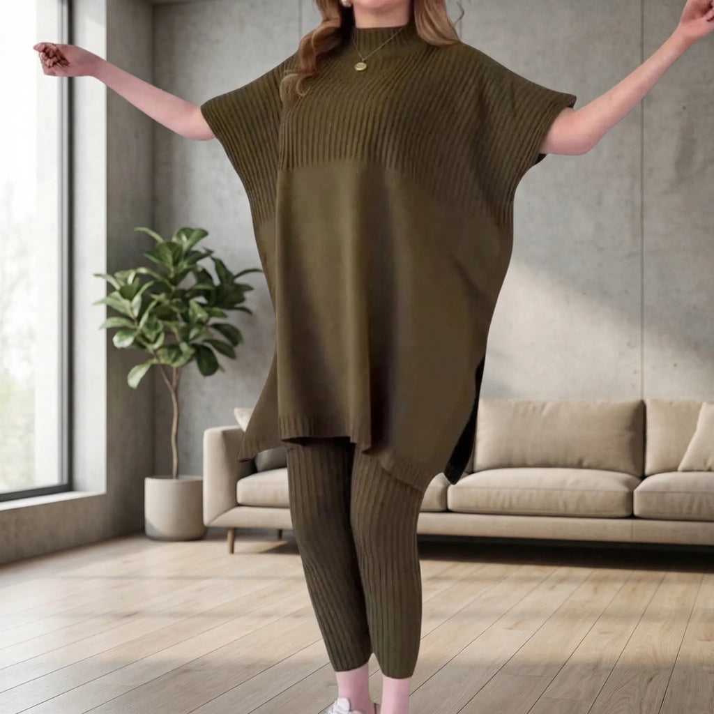 Prążkowany Komplet Bluzka I Legginsy - Codzienny Casualowy Look 