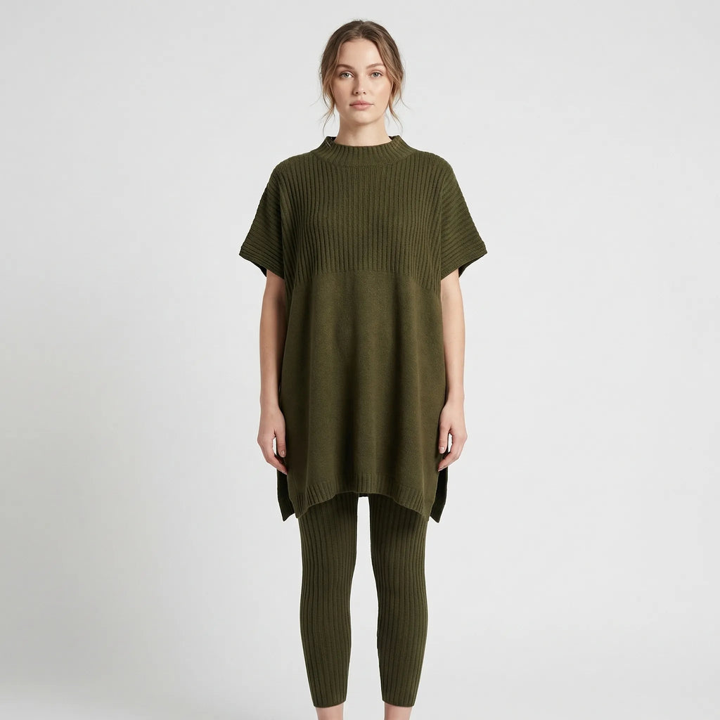 Prążkowany Komplet Bluzka I Legginsy - Codzienny Casualowy Look 