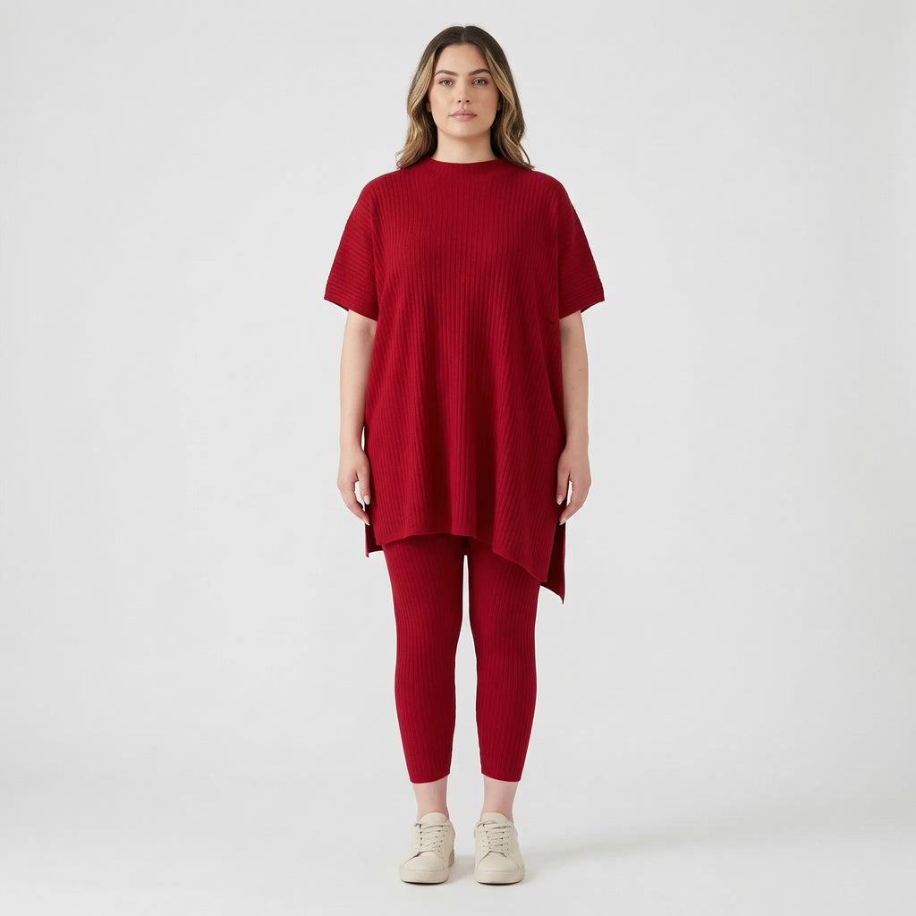 Prążkowany Komplet Bluzka I Legginsy - Codzienny Casualowy Look 