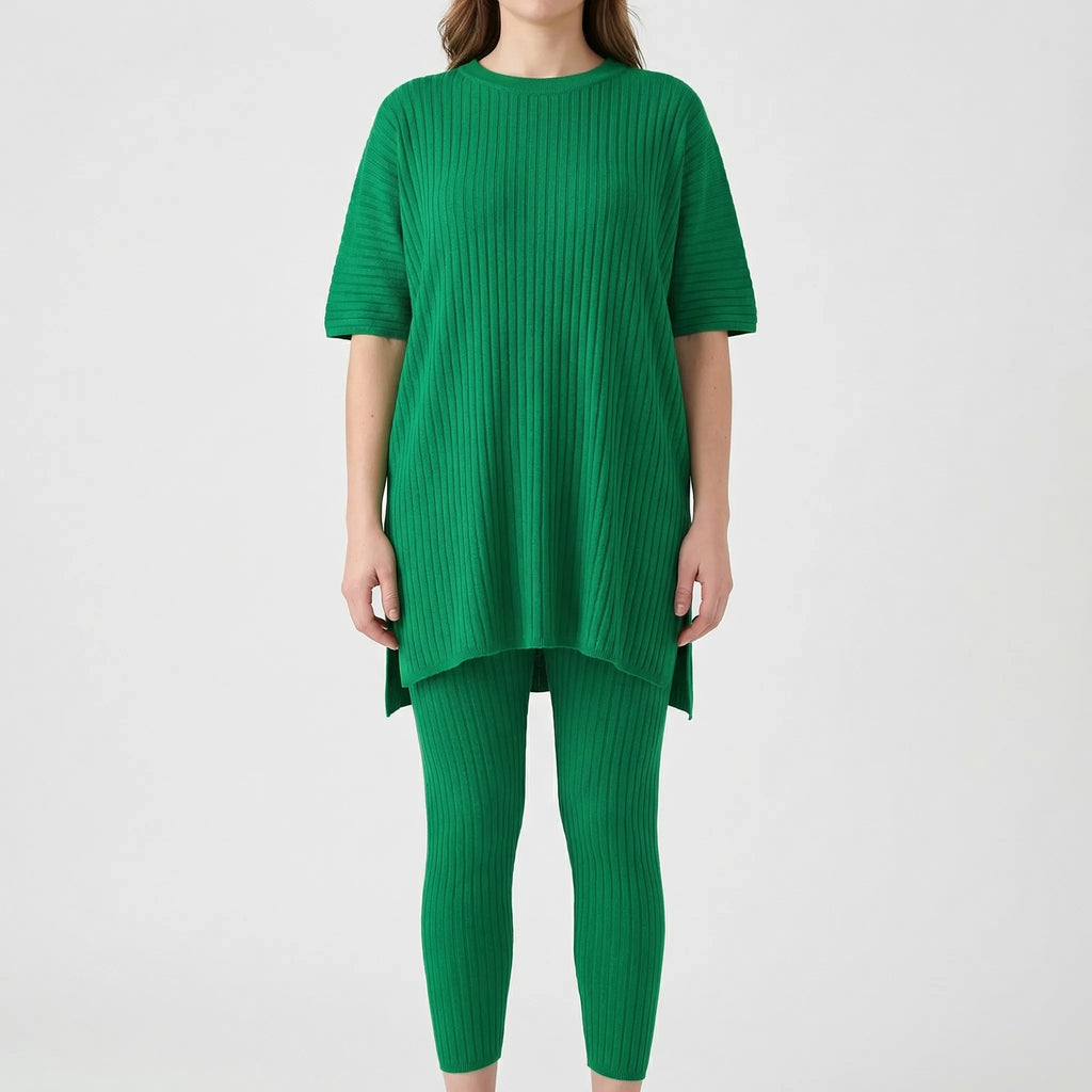 Prążkowany Komplet Bluzka I Legginsy - Codzienny Casualowy Look 