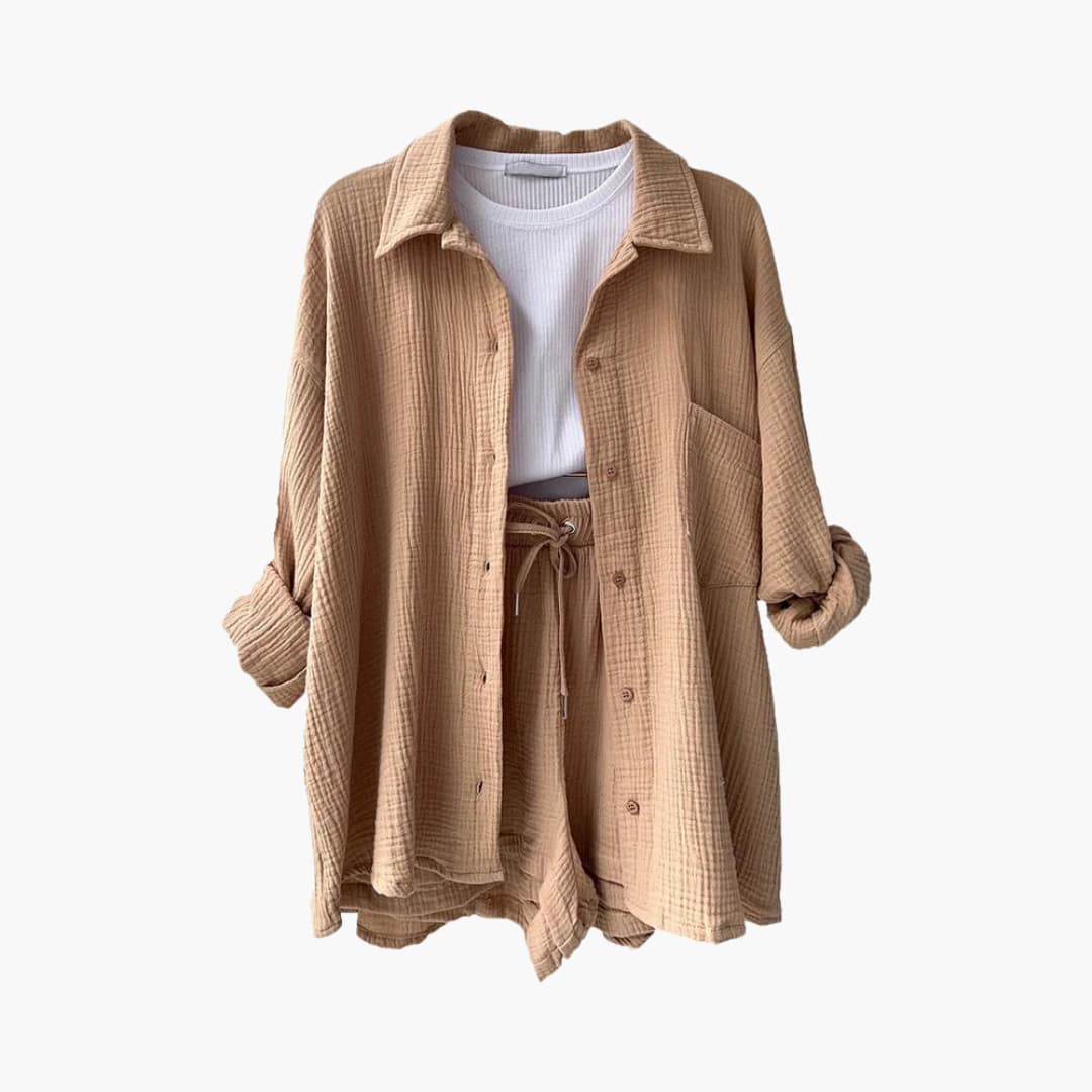 Liora – Damski Zestaw Koordynacyjny Oversized z Krótką Bluzką i Zapięciem na Guziki
