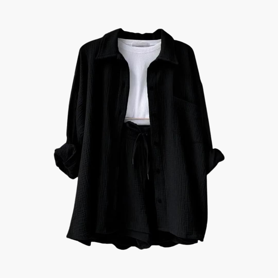 Liora – Damski Zestaw Koordynacyjny Oversized z Krótką Bluzką i Zapięciem na Guziki