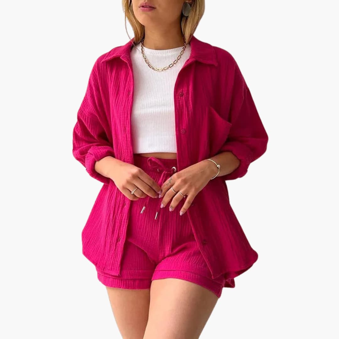 Liora – Damski Zestaw Koordynacyjny Oversized z Krótką Bluzką i Zapięciem na Guziki