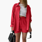 Liora – Damski Zestaw Koordynacyjny Oversized z Krótką Bluzką i Zapięciem na Guziki