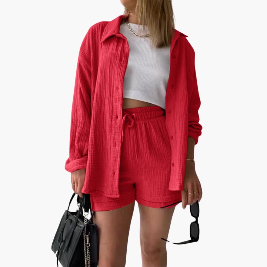 Liora – Damski Zestaw Koordynacyjny Oversized z Krótką Bluzką i Zapięciem na Guziki