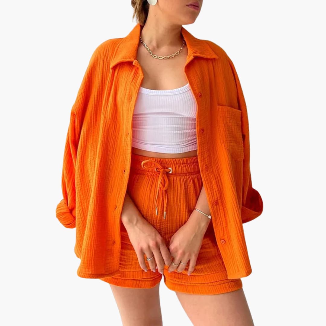 Liora – Damski Zestaw Koordynacyjny Oversized z Krótką Bluzką i Zapięciem na Guziki