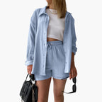 Liora – Damski Zestaw Koordynacyjny Oversized z Krótką Bluzką i Zapięciem na Guziki