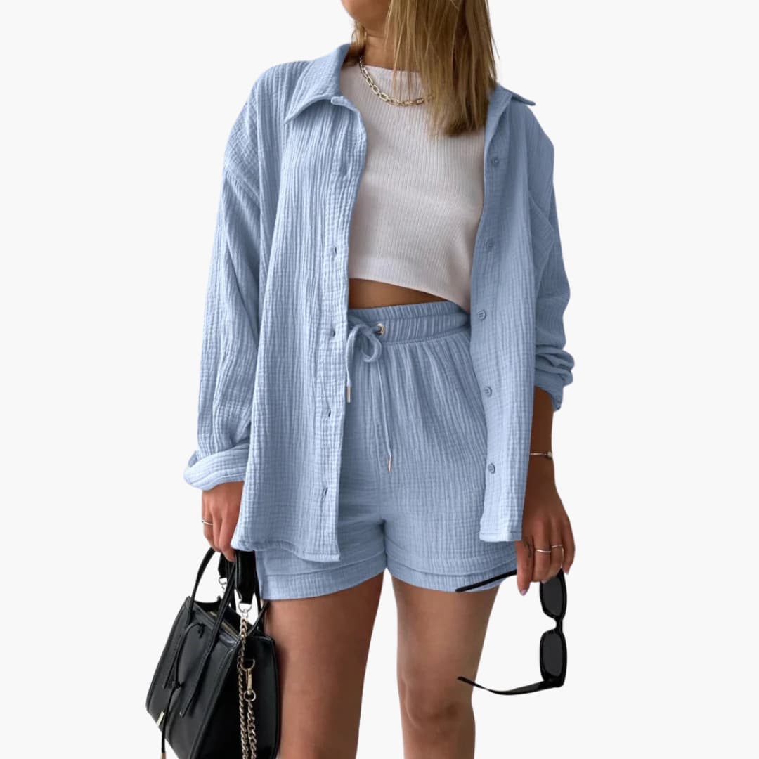 Liora – Damski Zestaw Koordynacyjny Oversized z Krótką Bluzką i Zapięciem na Guziki