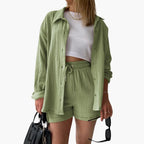 Liora – Damski Zestaw Koordynacyjny Oversized z Krótką Bluzką i Zapięciem na Guziki