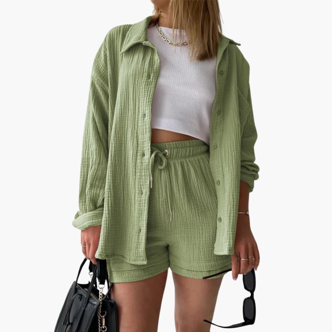 Liora – Damski Zestaw Koordynacyjny Oversized z Krótką Bluzką i Zapięciem na Guziki