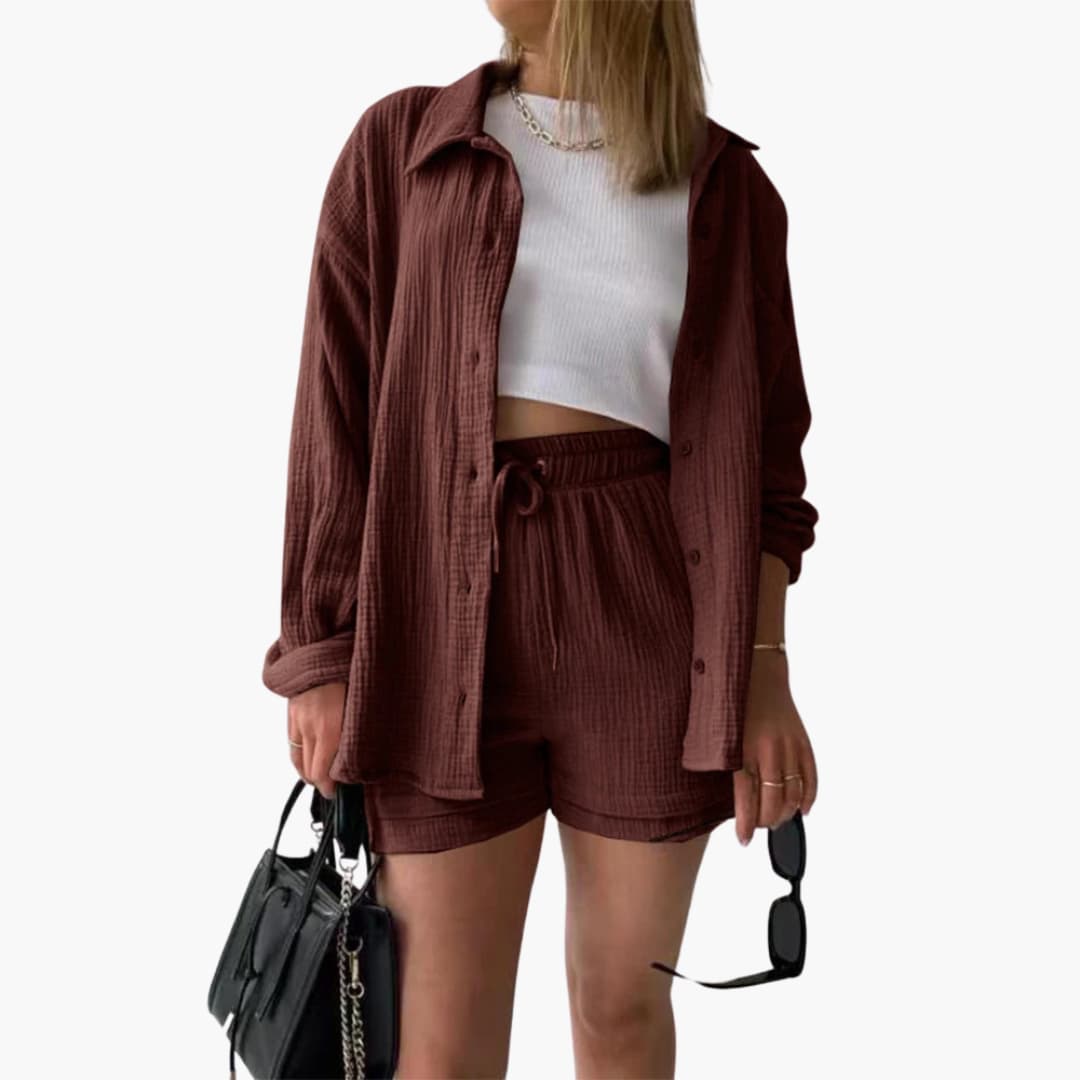 Liora – Damski Zestaw Koordynacyjny Oversized z Krótką Bluzką i Zapięciem na Guziki