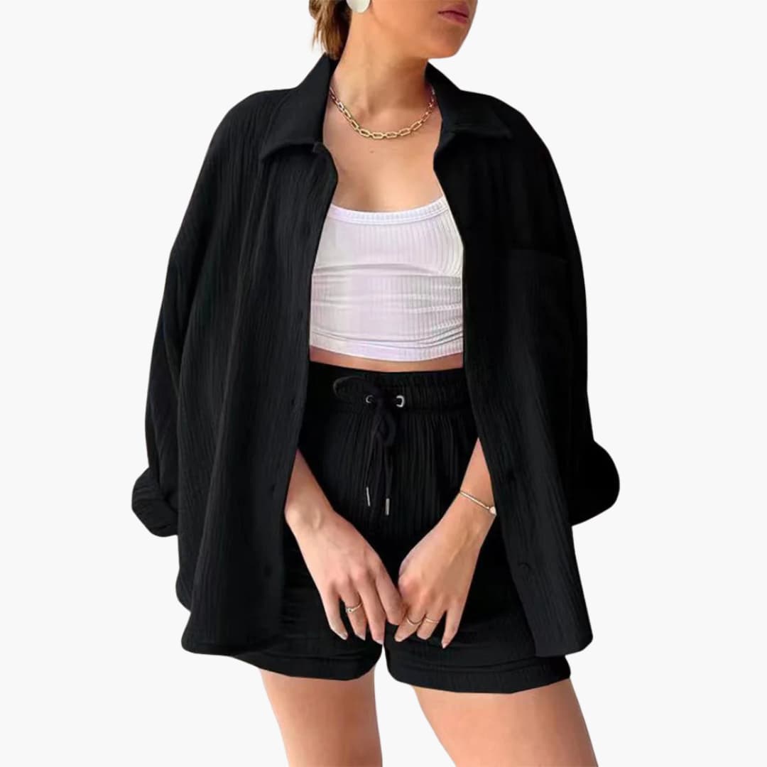 Liora – Damski Zestaw Koordynacyjny Oversized z Krótką Bluzką i Zapięciem na Guziki