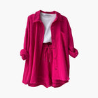 Liora – Damski Zestaw Koordynacyjny Oversized z Krótką Bluzką i Zapięciem na Guziki