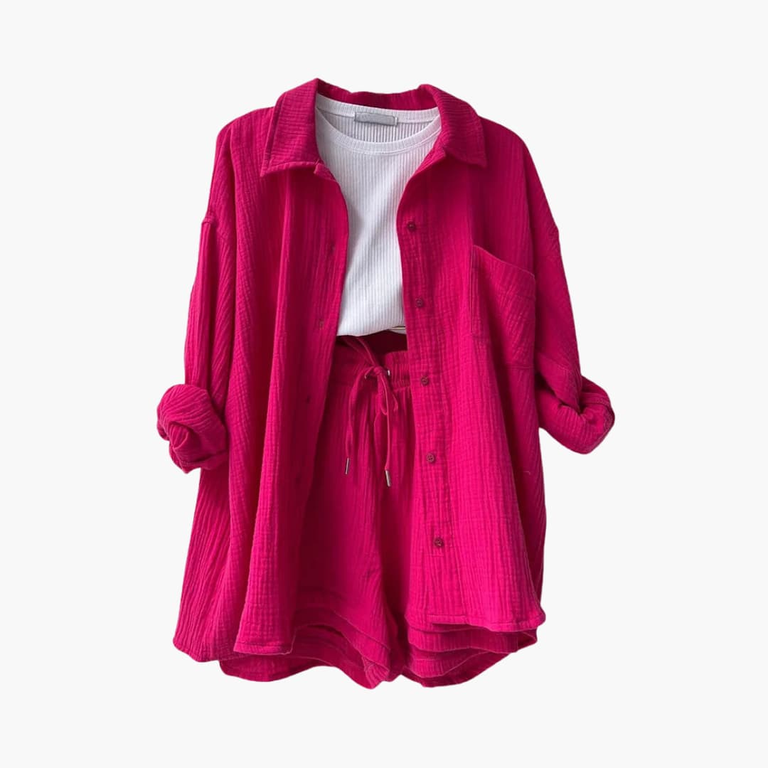 Liora – Damski Zestaw Koordynacyjny Oversized z Krótką Bluzką i Zapięciem na Guziki