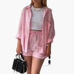 Liora – Damski Zestaw Koordynacyjny Oversized z Krótką Bluzką i Zapięciem na Guziki