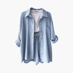 Liora – Damski Zestaw Koordynacyjny Oversized z Krótką Bluzką i Zapięciem na Guziki
