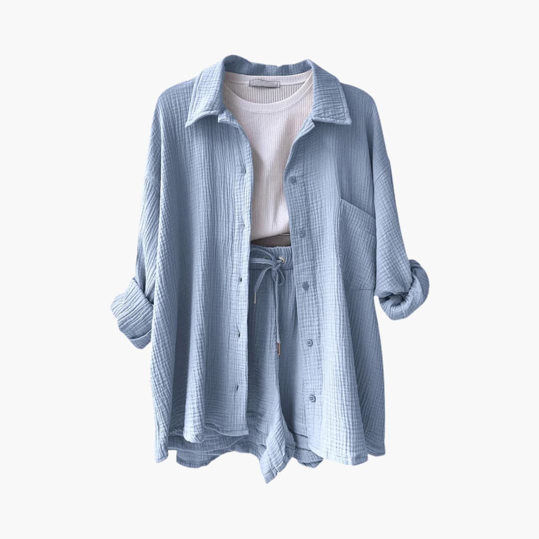 Liora – Damski Zestaw Koordynacyjny Oversized z Krótką Bluzką i Zapięciem na Guziki