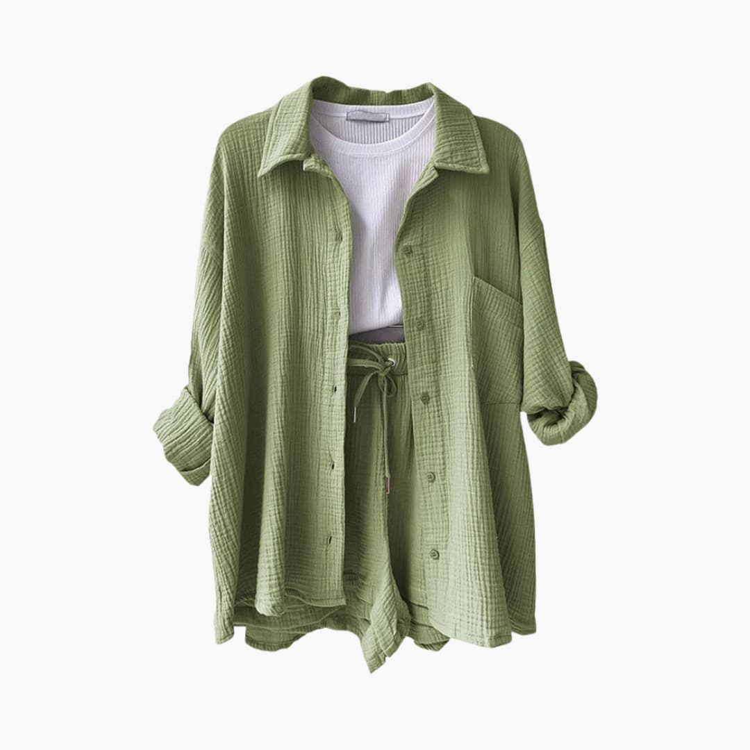 Liora – Damski Zestaw Koordynacyjny Oversized z Krótką Bluzką i Zapięciem na Guziki