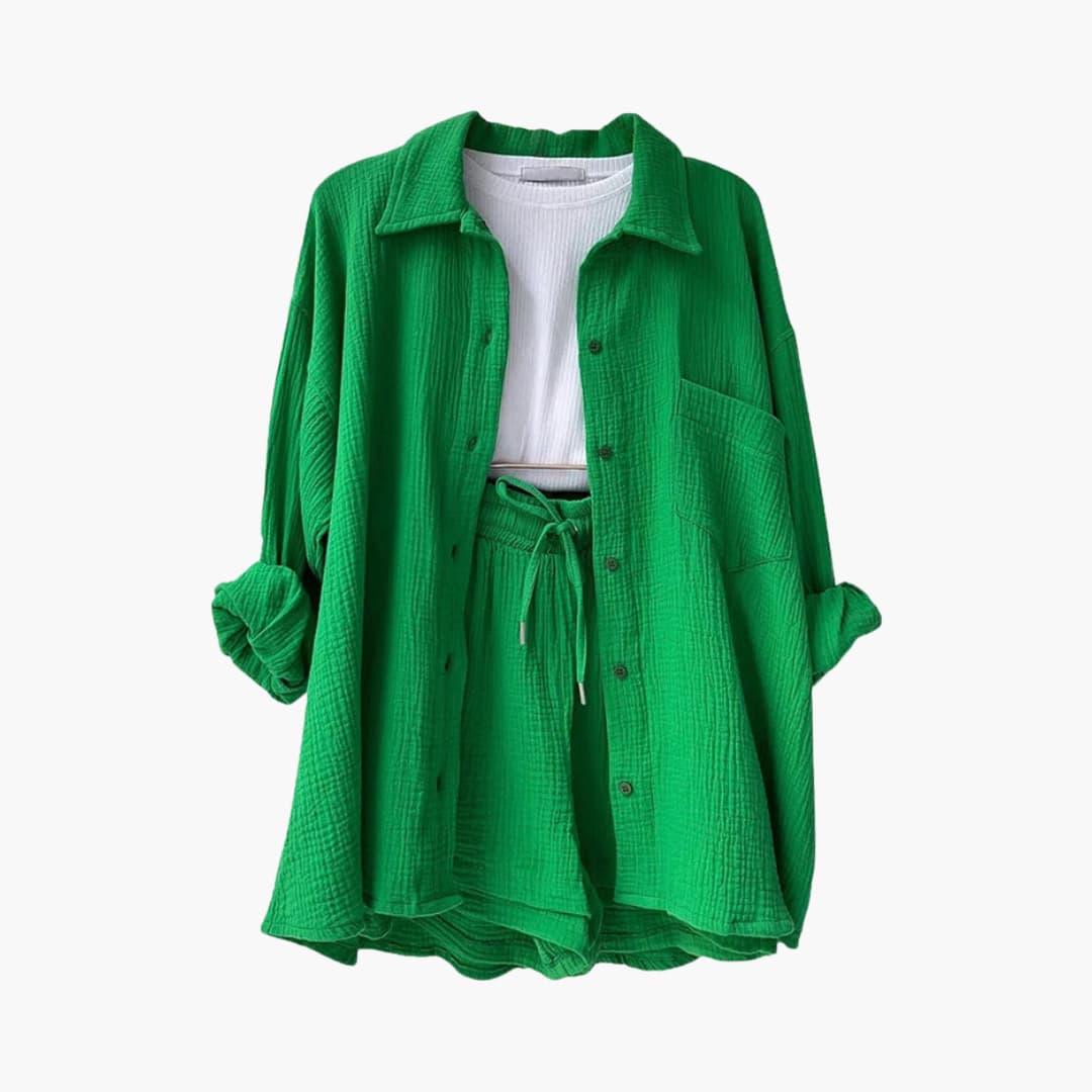 Liora – Damski Zestaw Koordynacyjny Oversized z Krótką Bluzką i Zapięciem na Guziki