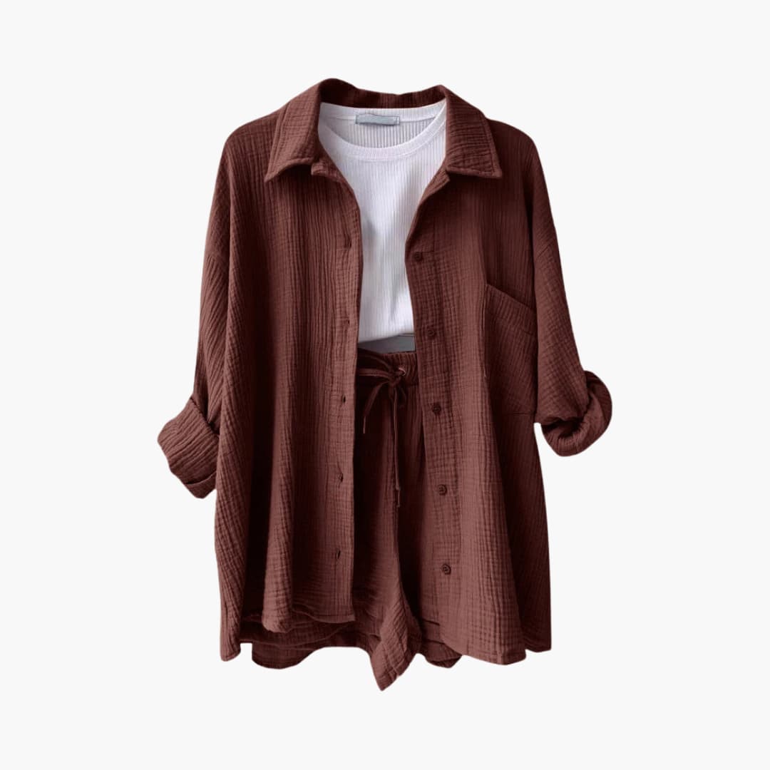 Liora – Damski Zestaw Koordynacyjny Oversized z Krótką Bluzką i Zapięciem na Guziki