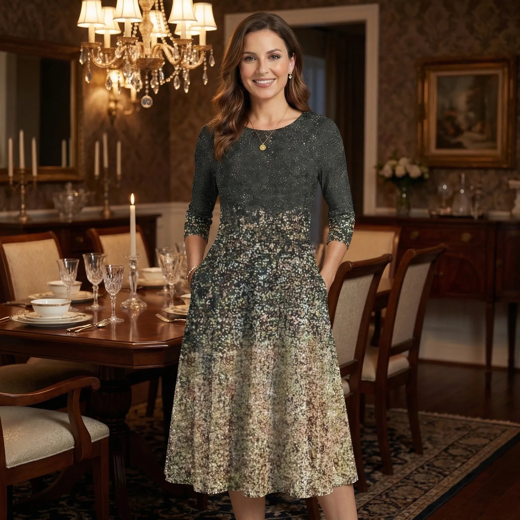 Sukienka Midi Z Rękawem Trzyczwartym - Na Eleganckie Wieczory 