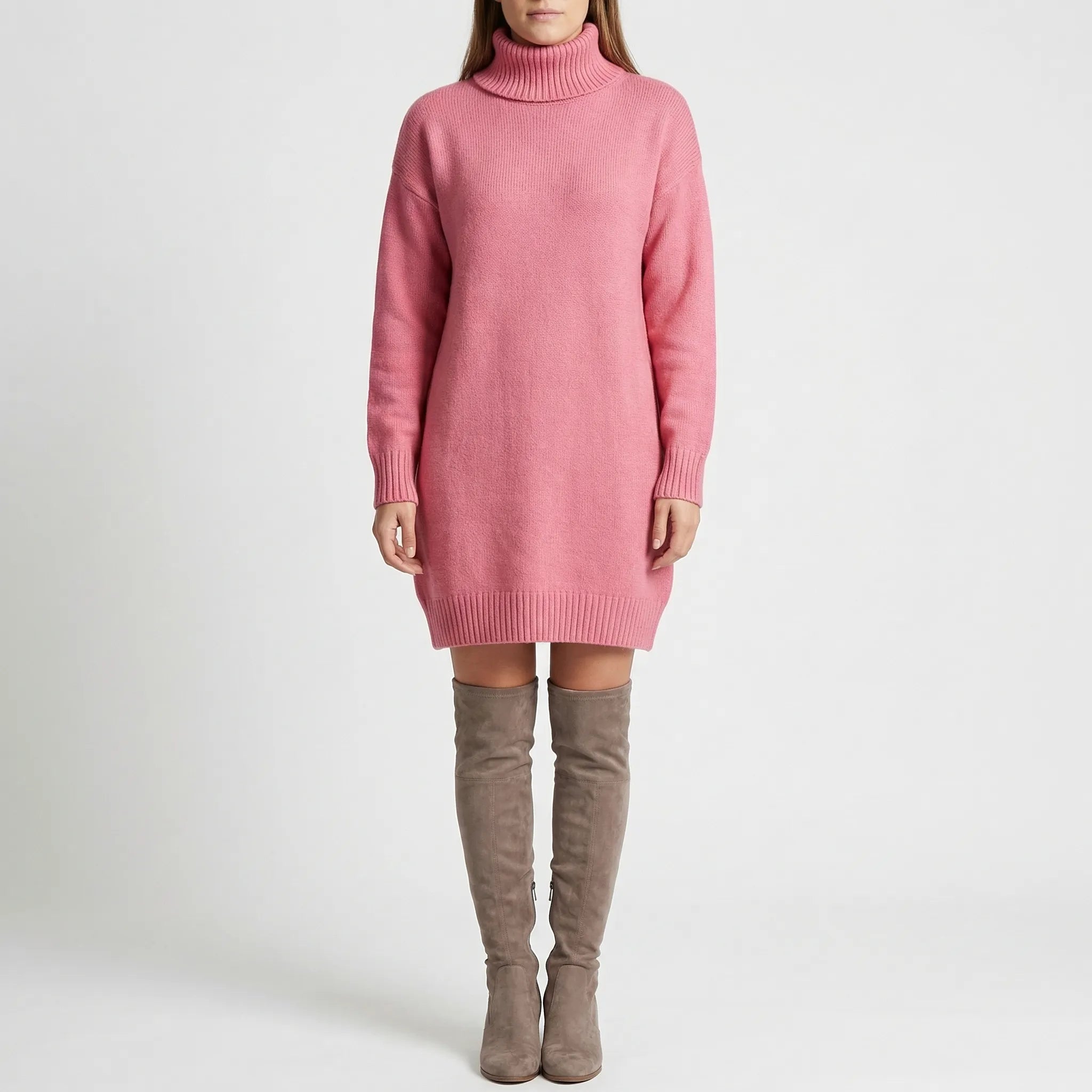 Sweterkowa Sukienka Z Golfem Do Kolan - Codzienny Komfortowy Strój 