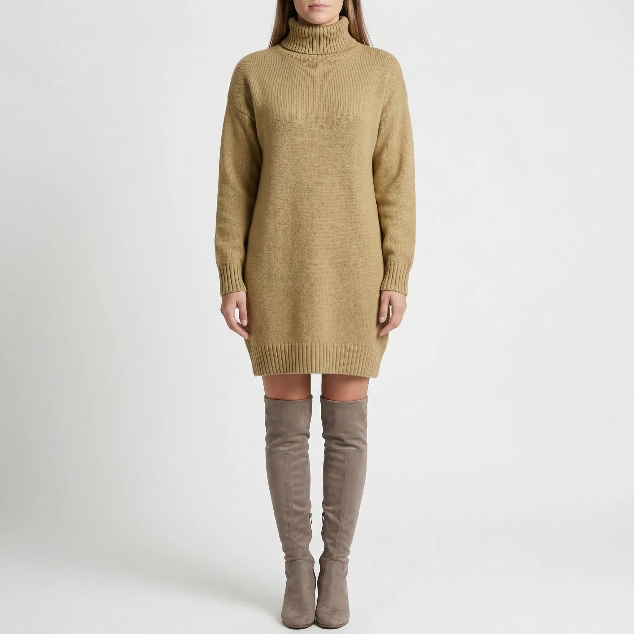 Sweterkowa Sukienka Z Golfem Do Kolan - Codzienny Komfortowy Strój 