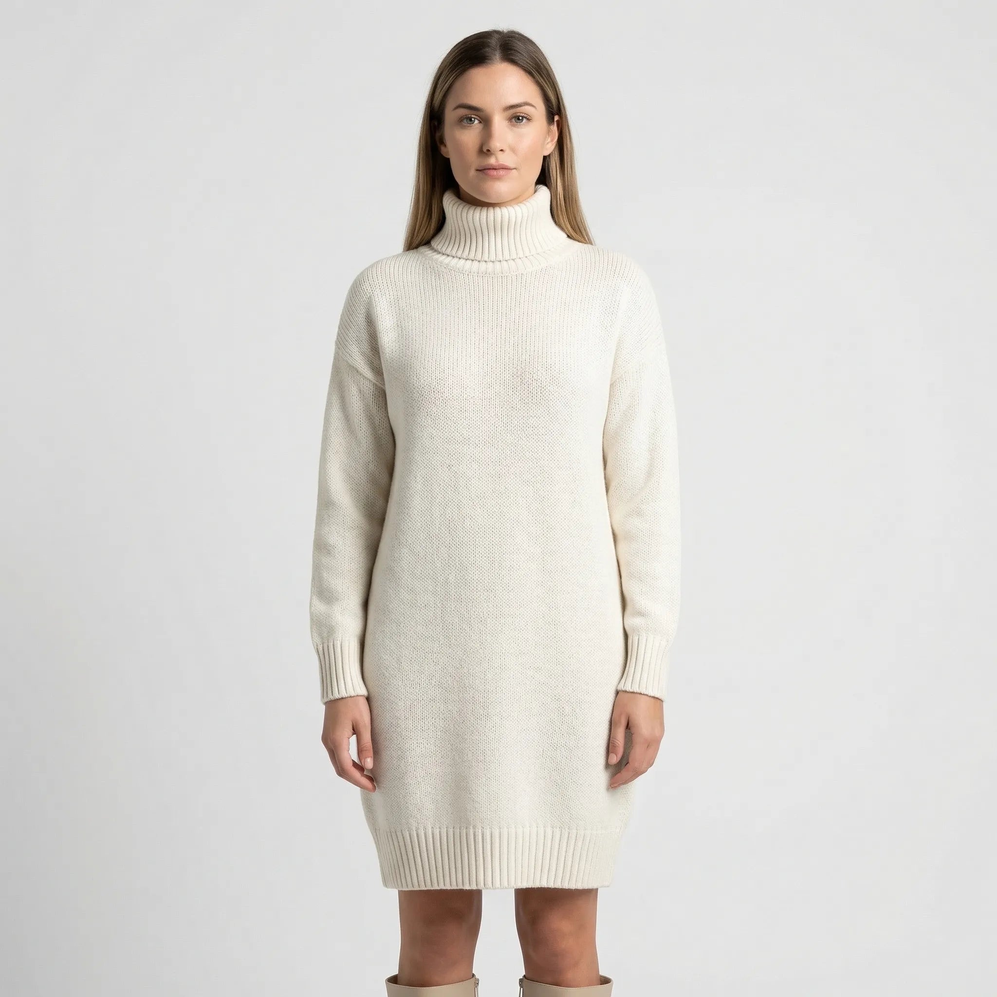 Sweterkowa Sukienka Z Golfem Do Kolan - Codzienny Komfortowy Strój 