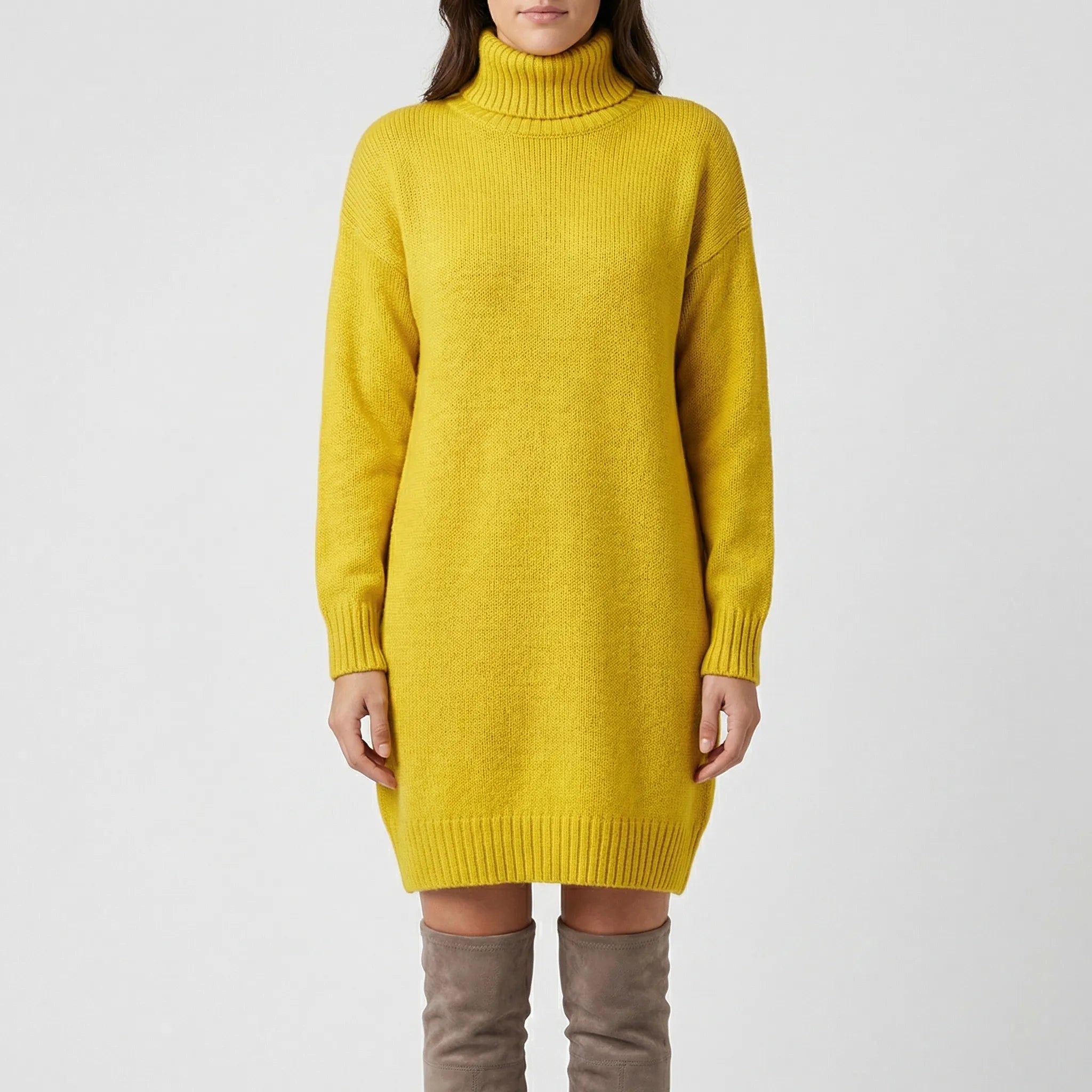 Sweterkowa Sukienka Z Golfem Do Kolan - Codzienny Komfortowy Strój 