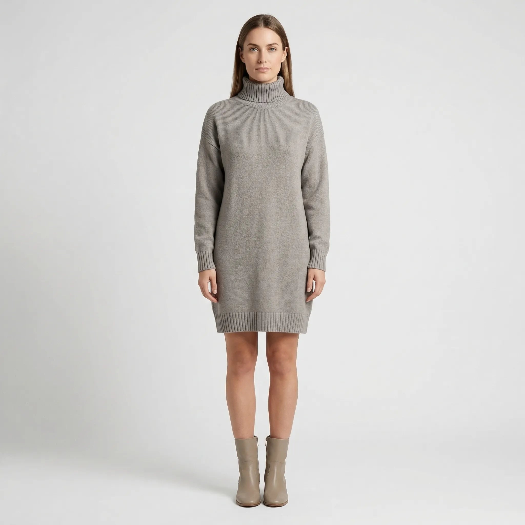 Sweterkowa Sukienka Z Golfem Do Kolan - Codzienny Komfortowy Strój 