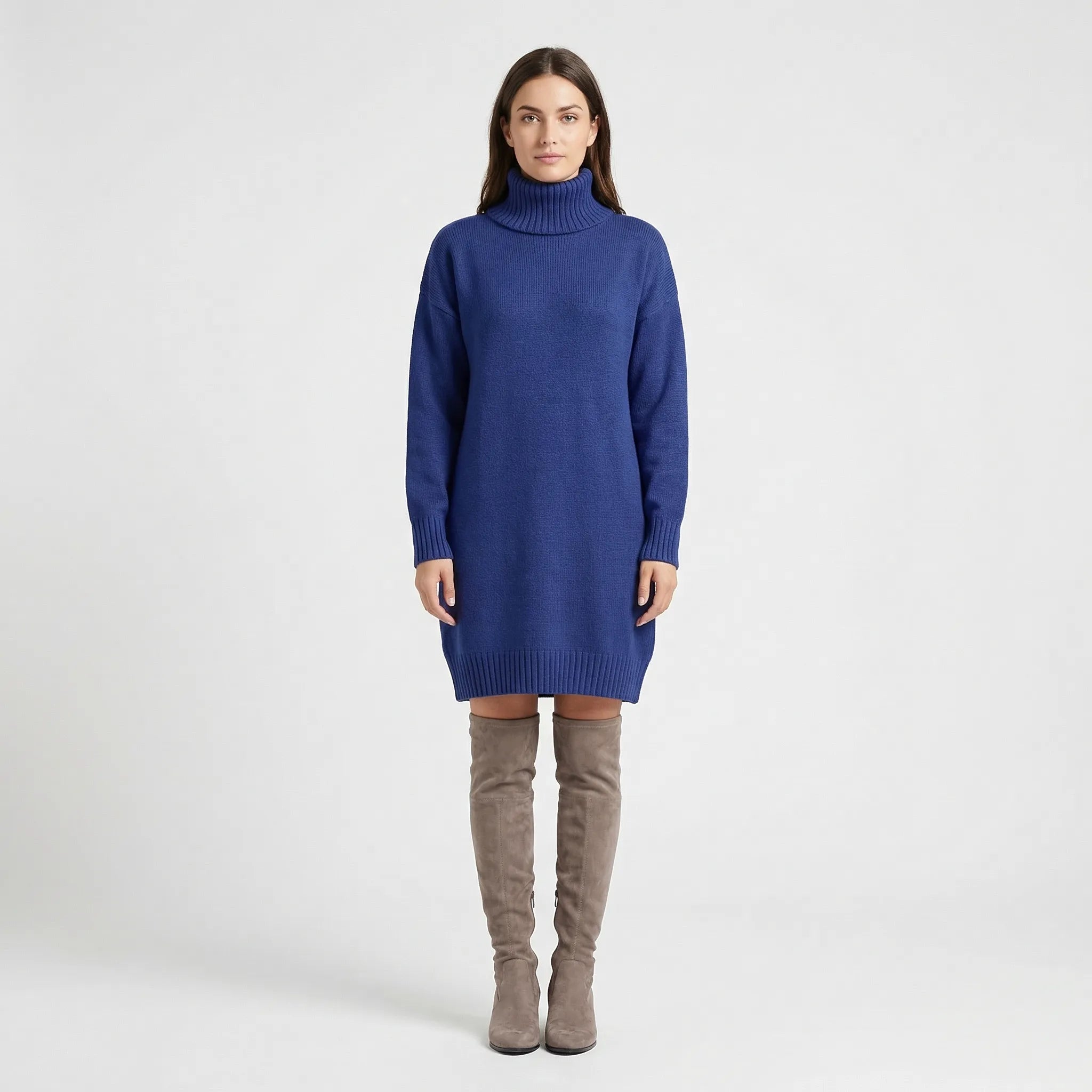 Sweterkowa Sukienka Z Golfem Do Kolan - Codzienny Komfortowy Strój 