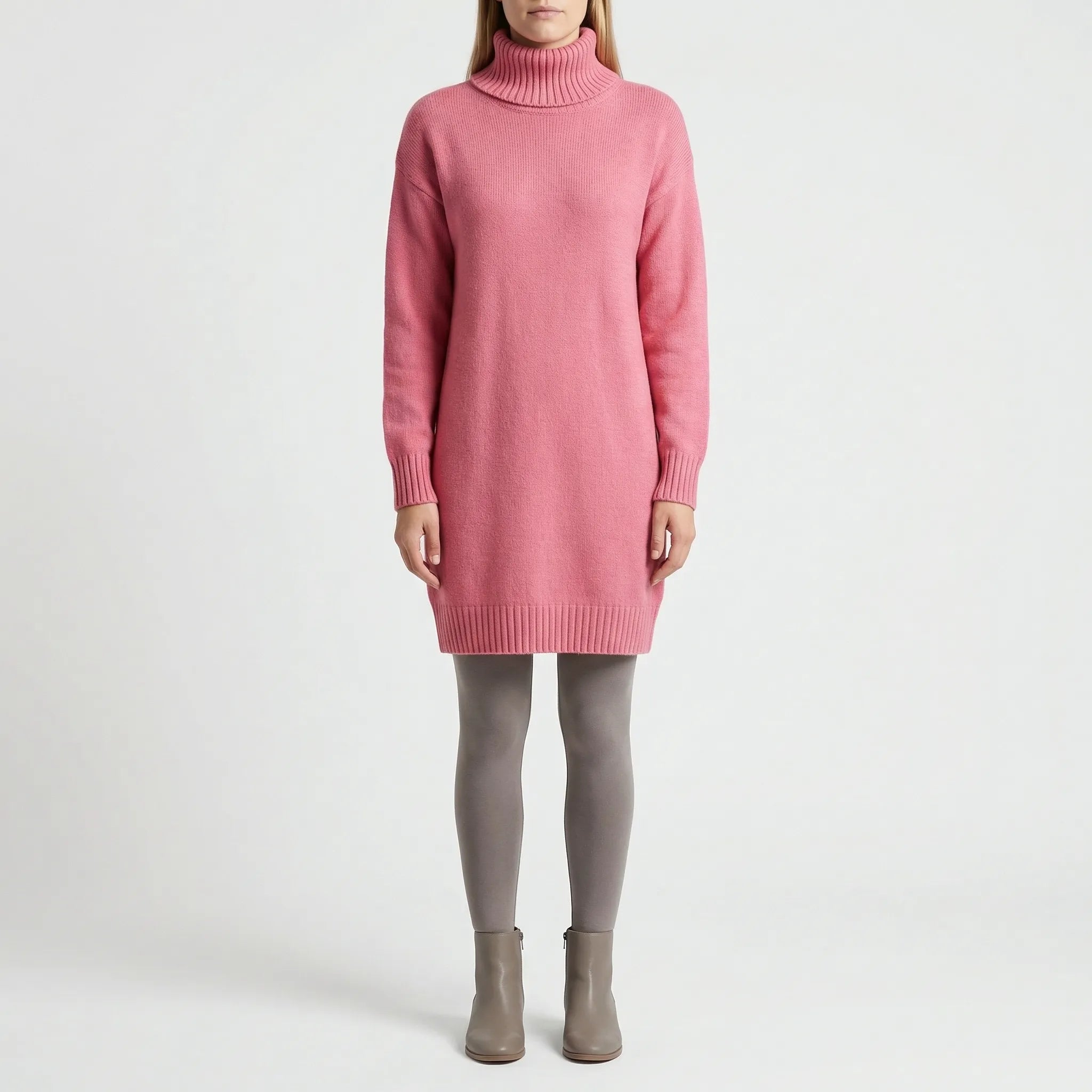 Sweterkowa Sukienka Z Golfem Do Kolan - Codzienny Komfortowy Strój 