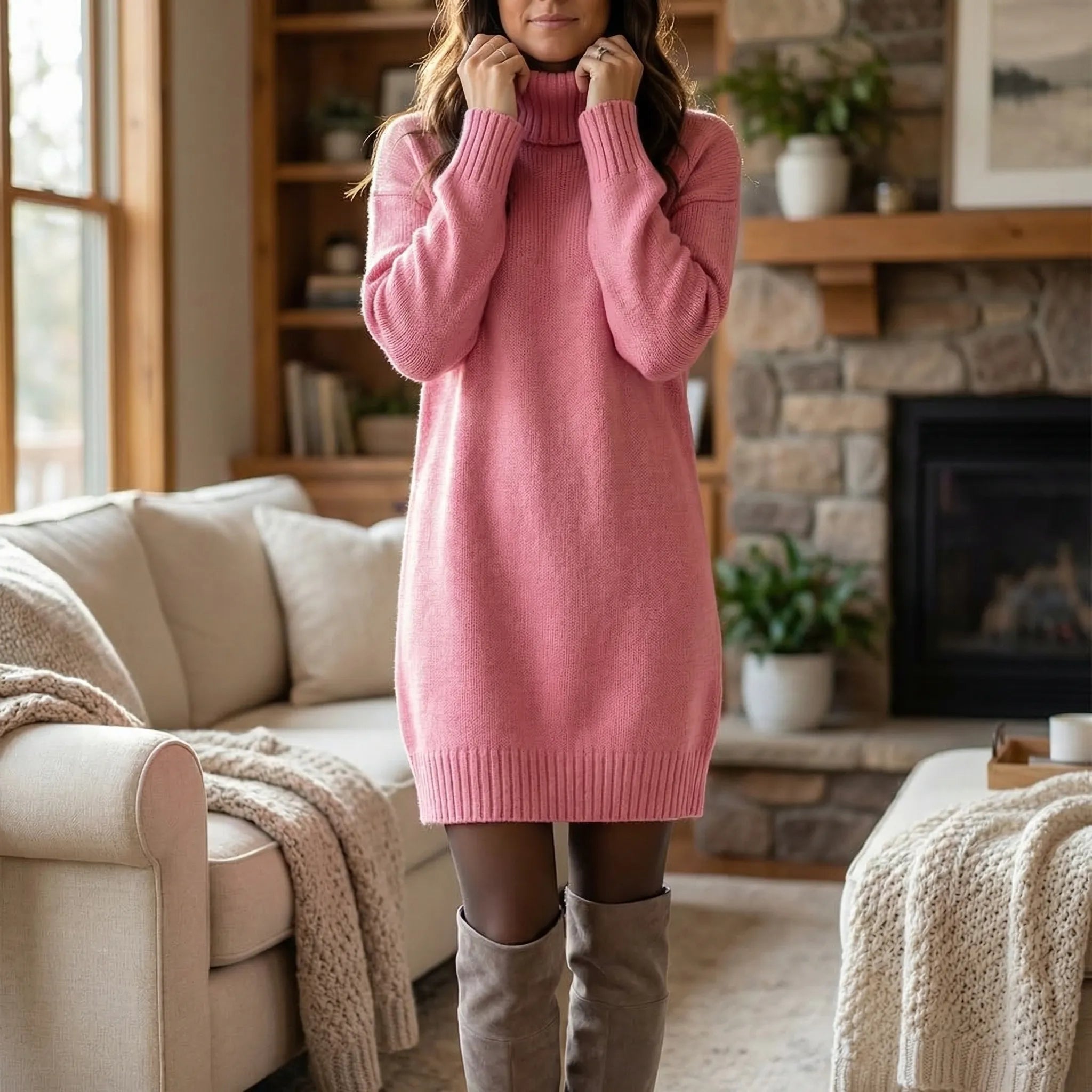 Sweterkowa Sukienka Z Golfem Do Kolan - Codzienny Komfortowy Strój 