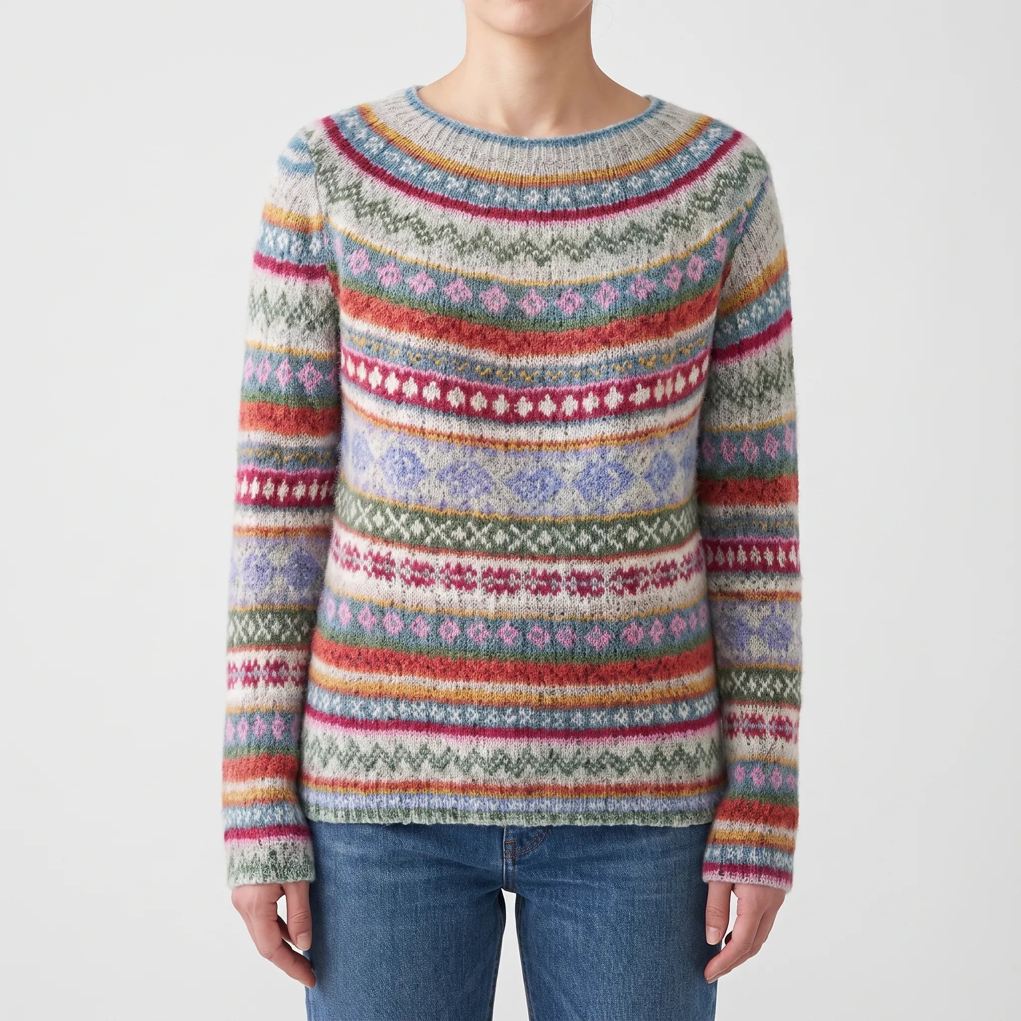 Wzorzysty Sweter Damski Z Okrągłym Dekoltem - Codzienne Spacery 