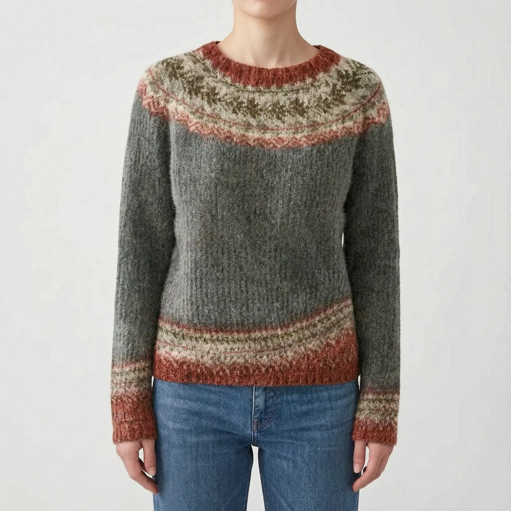 Wzorzysty Sweter Damski Z Okrągłym Dekoltem - Codzienne Spacery 