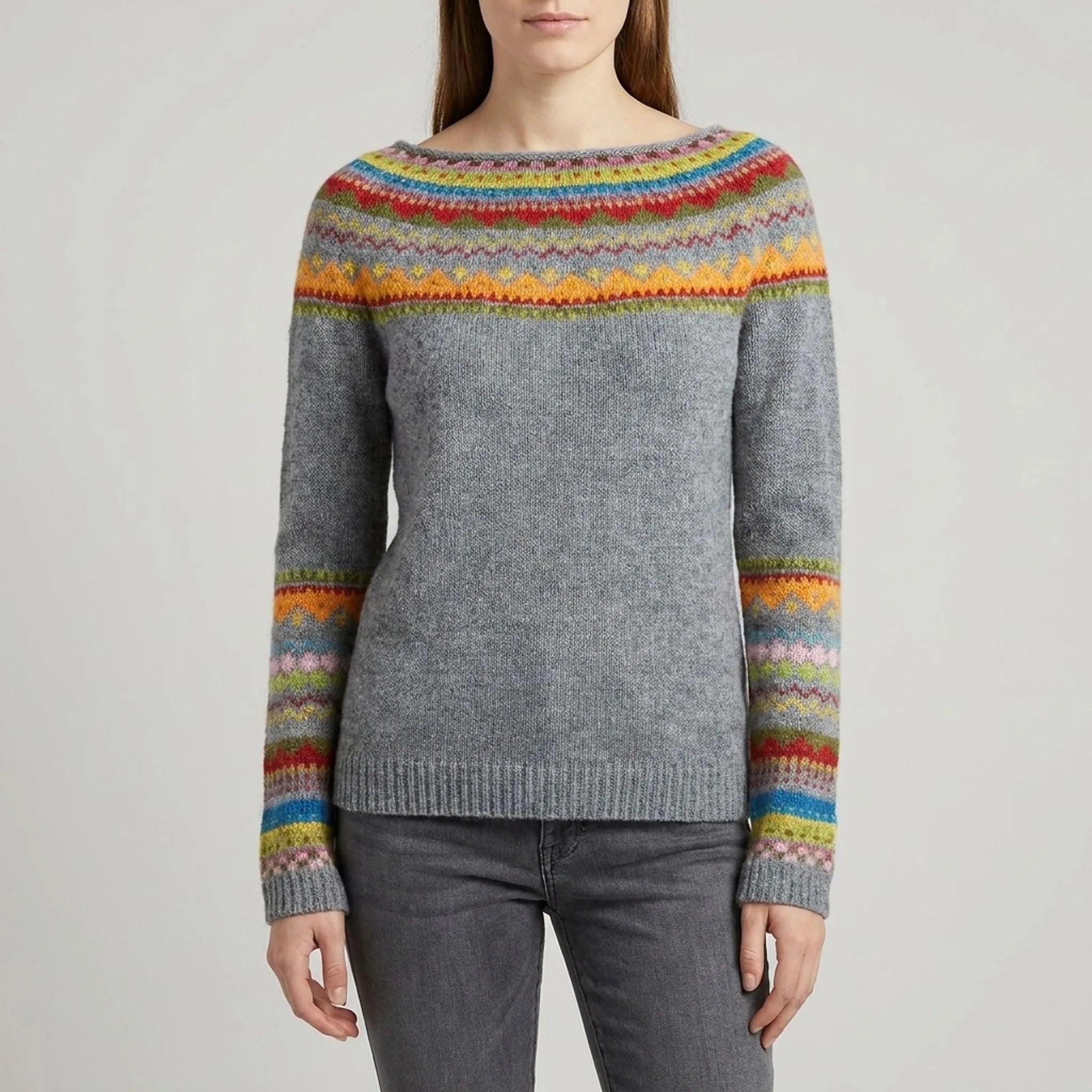 Wzorzysty Sweter Damski Z Okrągłym Dekoltem - Codzienne Spacery 