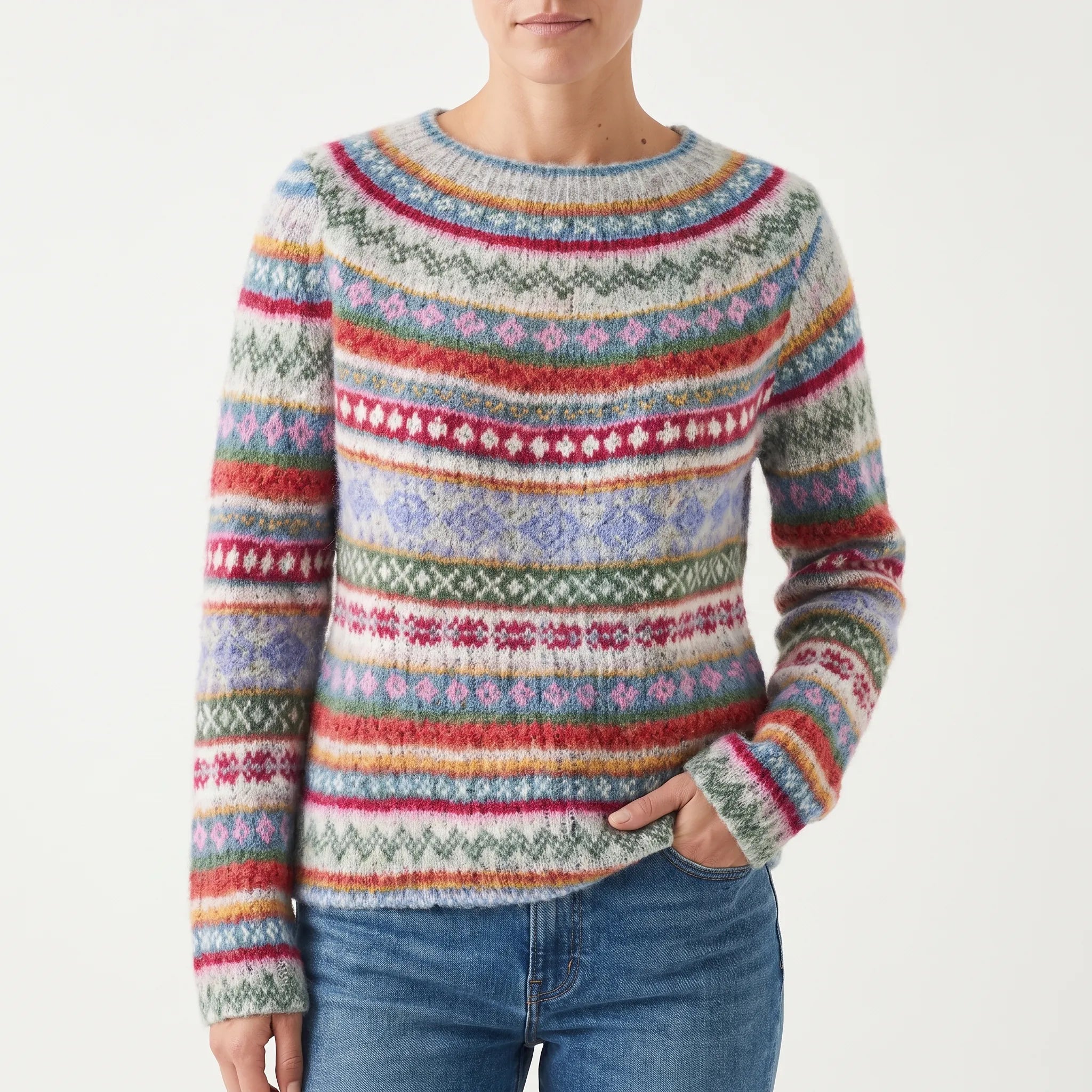 Wzorzysty Sweter Damski Z Okrągłym Dekoltem - Codzienne Spacery 