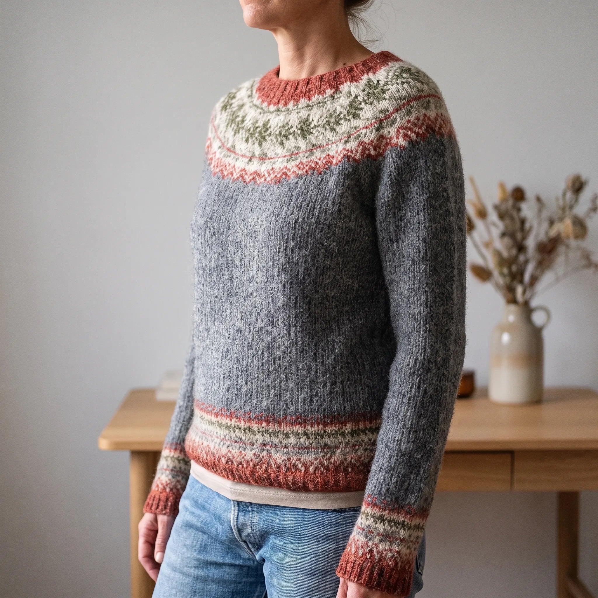 Wzorzysty Sweter Damski Z Okrągłym Dekoltem - Codzienne Spacery 